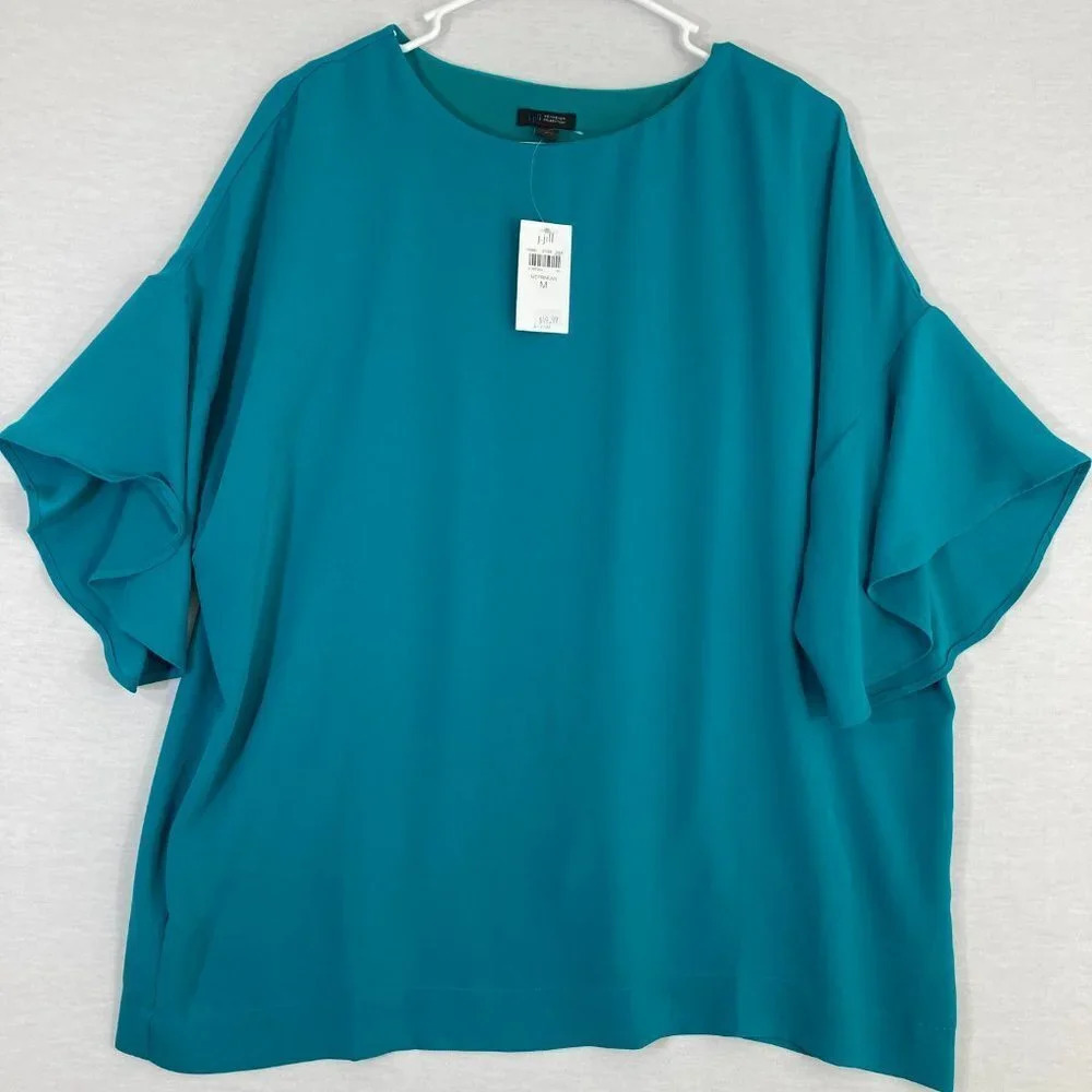 NEW J.Jill Wearever Collection Teal Roundโ Neck Ruffle Sleeve Top Medium